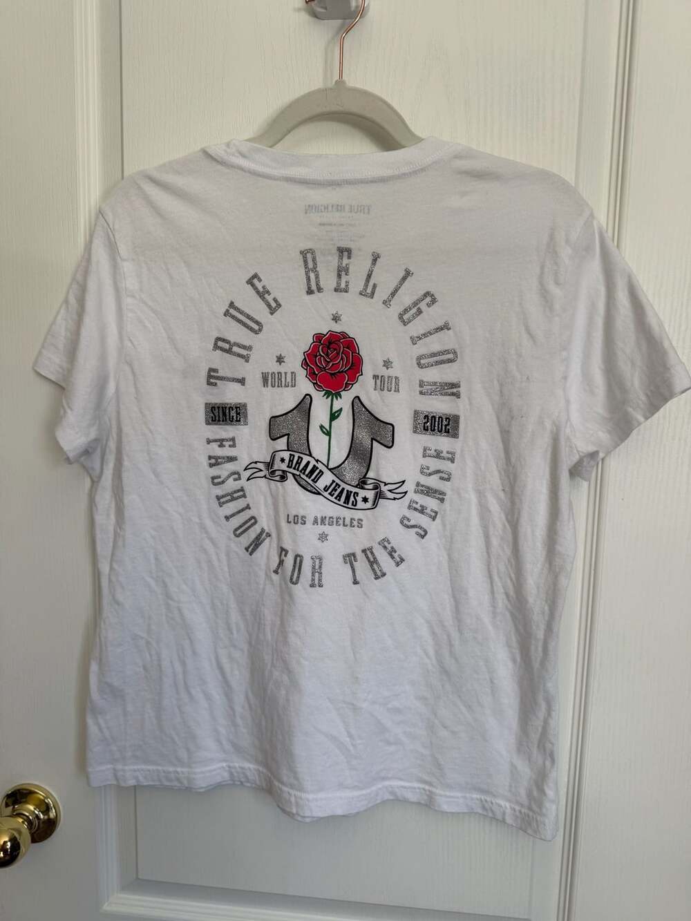 True Religion World Tour Rose Horseshoe Glitter Graphic White T-Shirt XL